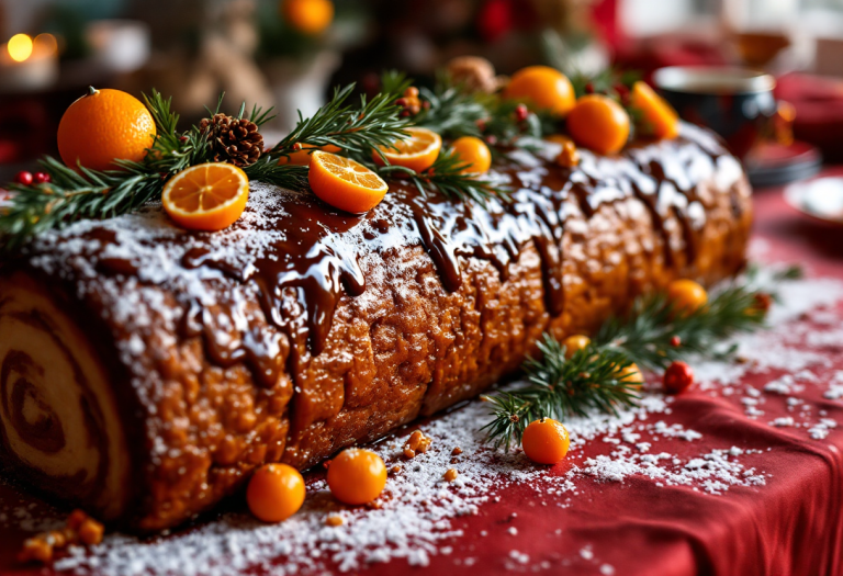 Tronchetto di Natale decorato con cioccolato e zucchero a velo