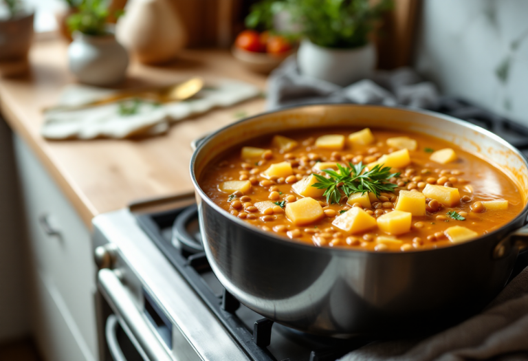 Zuppa calda di lenticchie rosse e patate in una ciotola