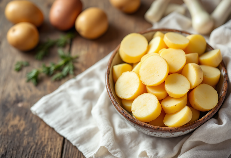 Zuppa cremosa di patate e porri servita in una ciotola