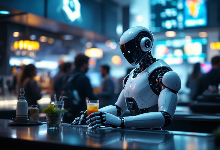 Robot bartender ADAM mentre prepara un cocktail al bar