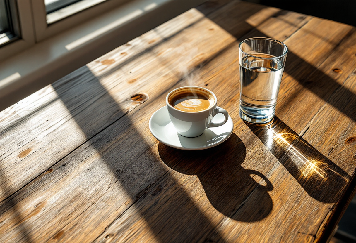 Un bicchiere d'acqua accanto a una tazza di caffè