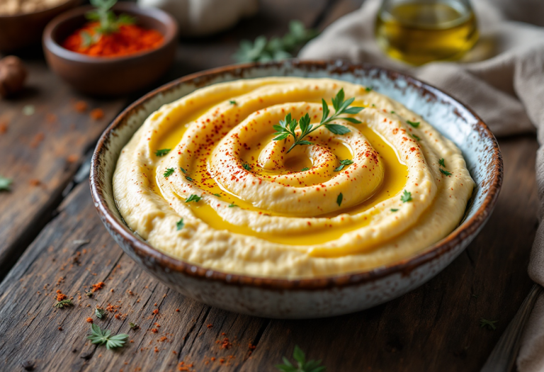 Ciotola di babaganoush con pita e verdure fresche