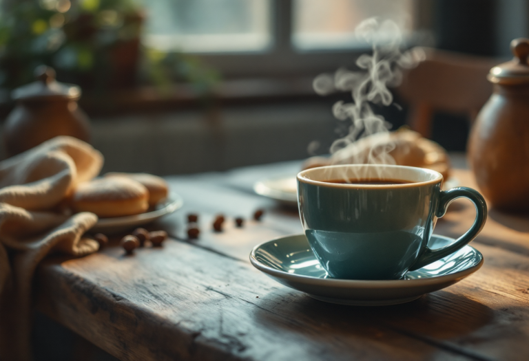 Caffè fumante in tazza con chicchi di caffè