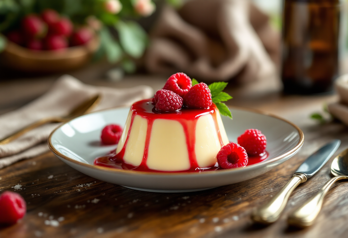 Delizioso budino alla vaniglia con salsa di lamponi freschi