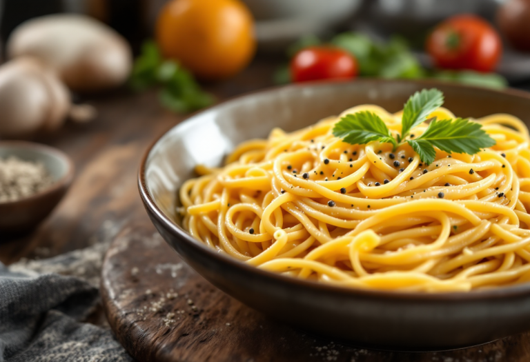 Piatto di cacio e pepe con spaghetti cremosi