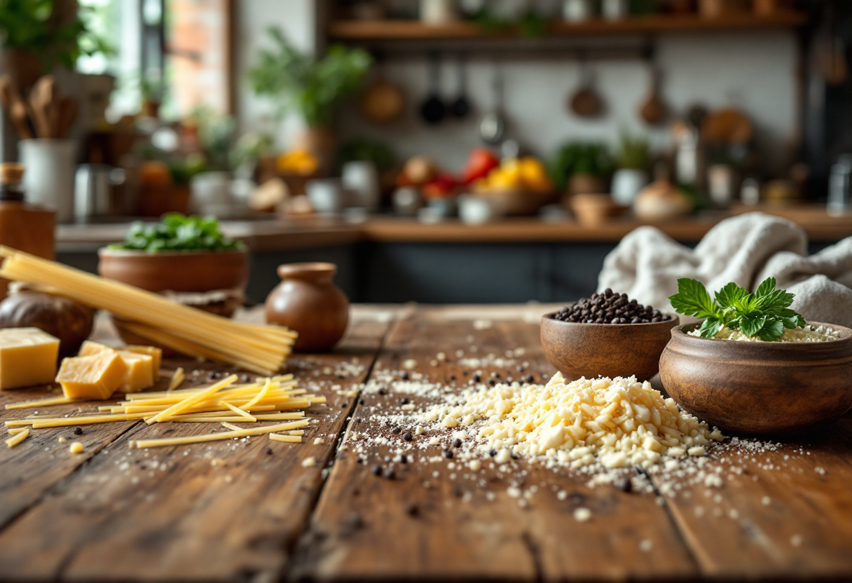 Piatto di cacio e pepe con spaghetti e pepe nero