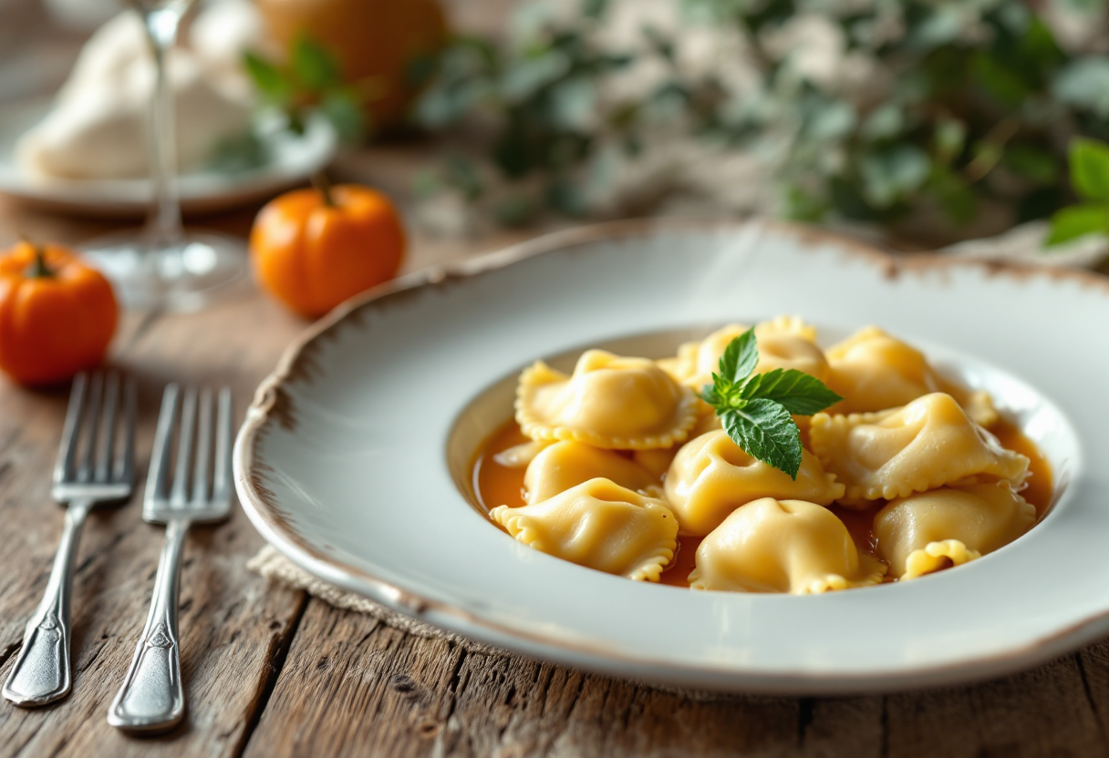 Cappelletti serviti in brodo di cappone tradizionale