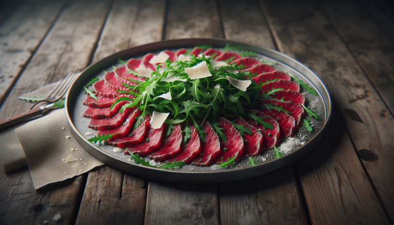 Delizioso carpaccio di manzo con rucola e scaglie di parmigiano