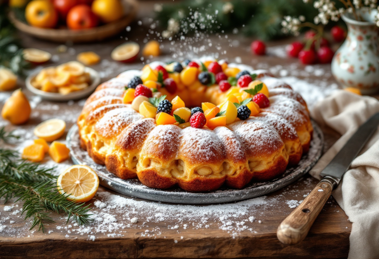 Cassata siciliana decorata con frutta candita e crema