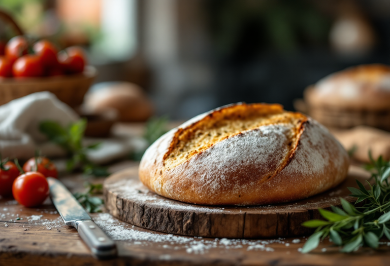 Ciabatta alle olive appena sfornata su un tavolo di legno