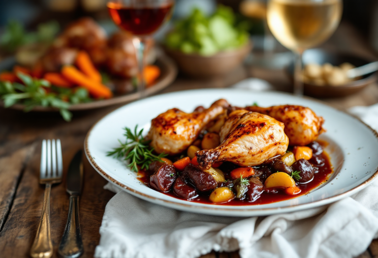 Piatto di coq au vin con pollo e vino rosso