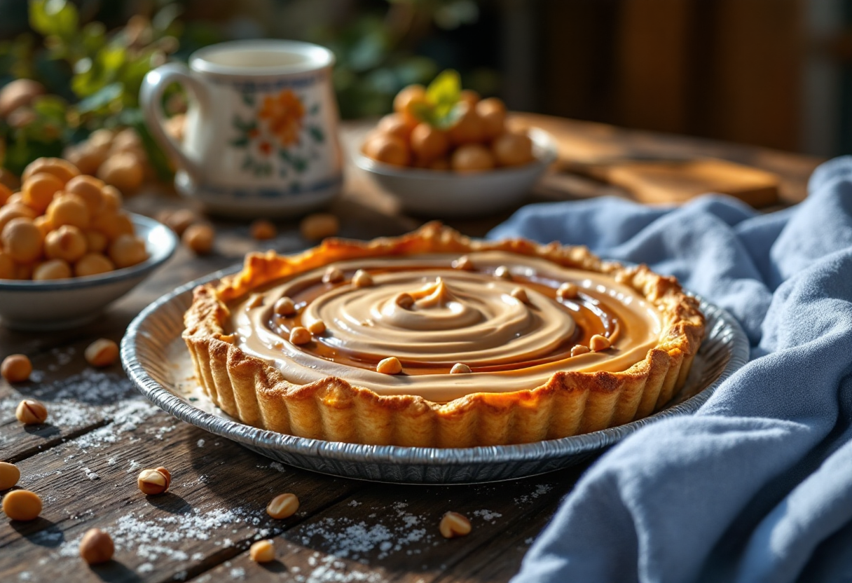 Crostata decorata con crema di nocciole e nocciole tostate