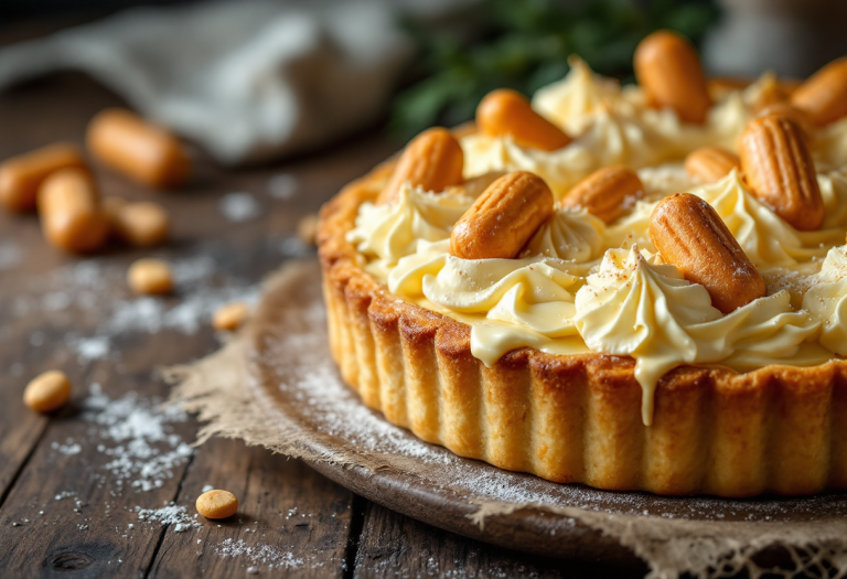 Crostata con crema e savoiardi decorata