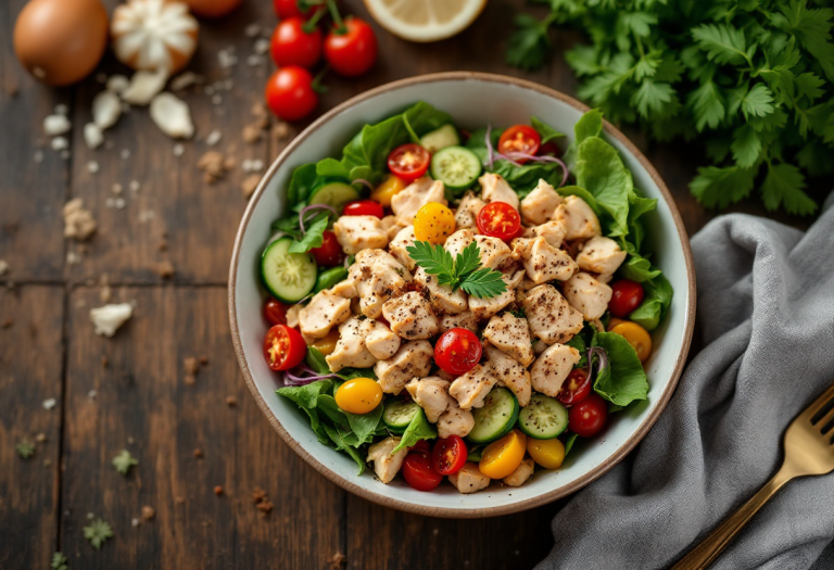 Insalata di gallina servita in un piatto colorato