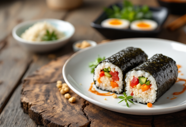 Kimbap coreano con verdure e pesce avvolto in alga