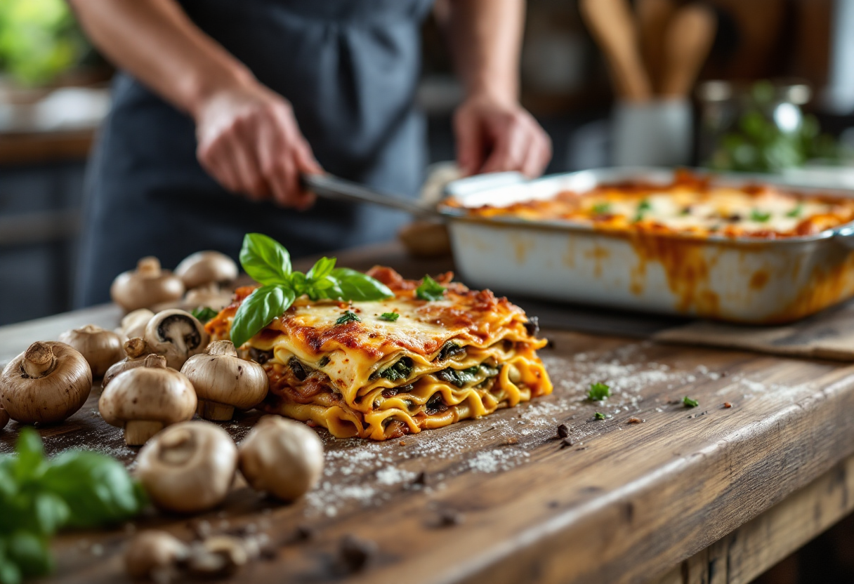 Deliziose lasagne ai funghi con formaggio fuso