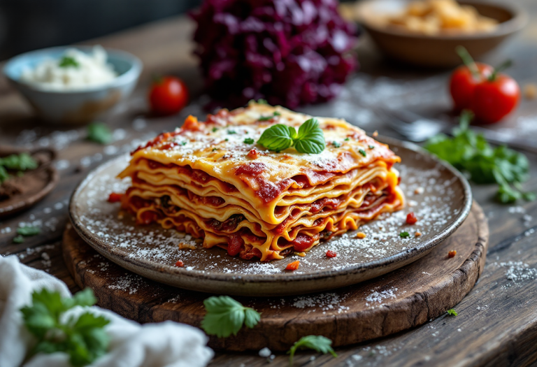 Lasagne al radicchio rosso e speck servite in un piatto