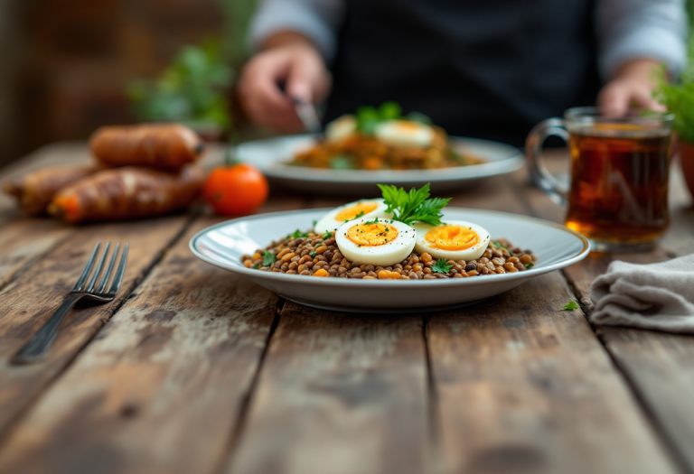 Piatto di lenticchie con uova in un contesto culinario