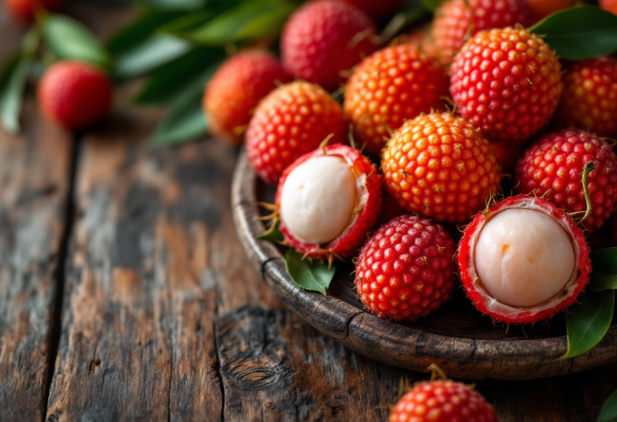 Litchi fresco con buccia rosa e polpa bianca succosa