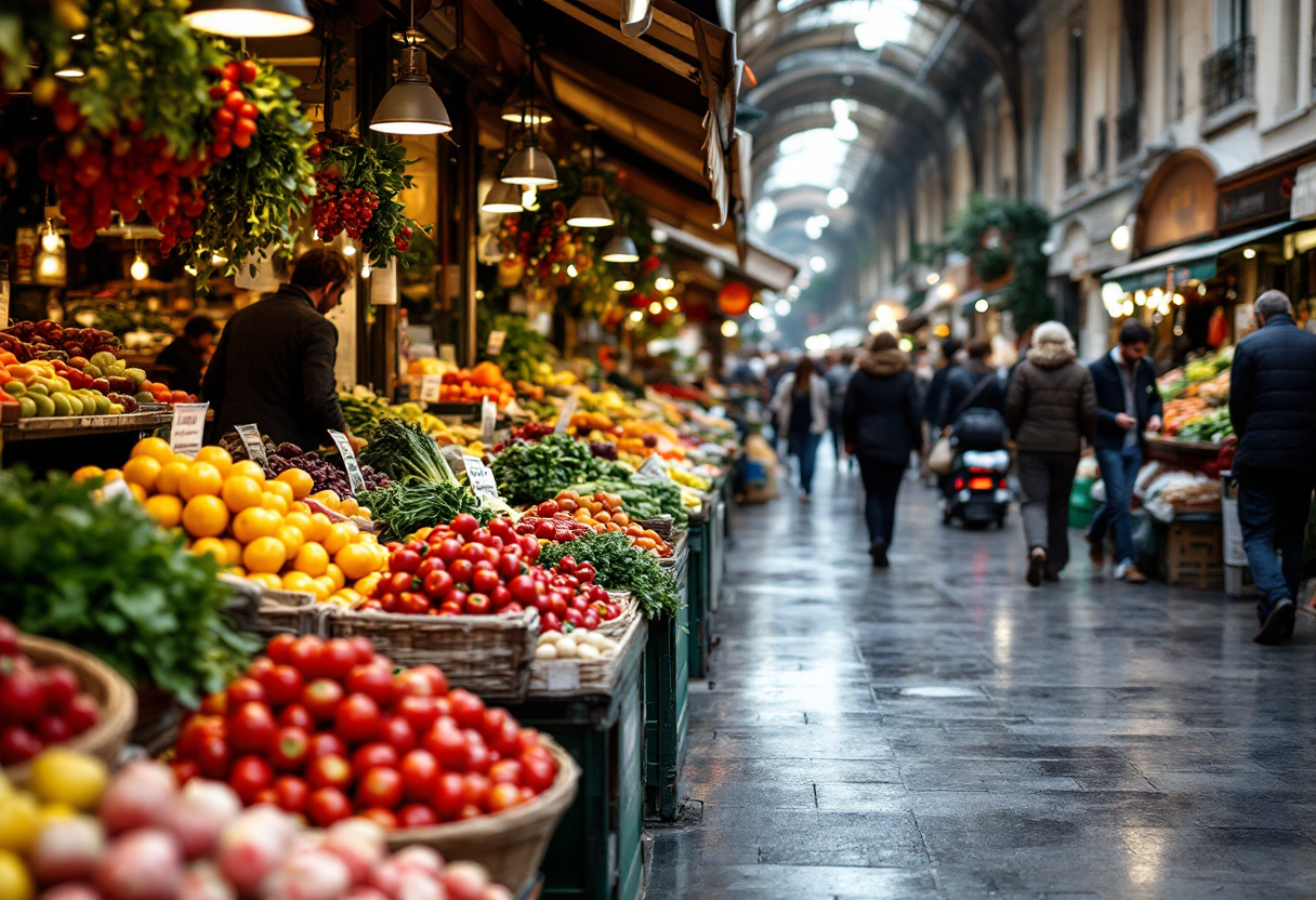 Immagine di un mercato coperto a Milano con prodotti freschi