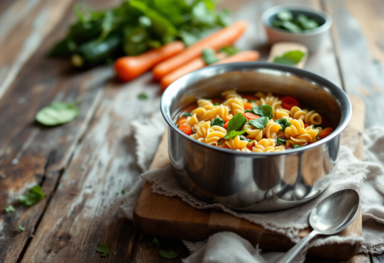 Minestra calda di pasta e verdure con gorgonzola