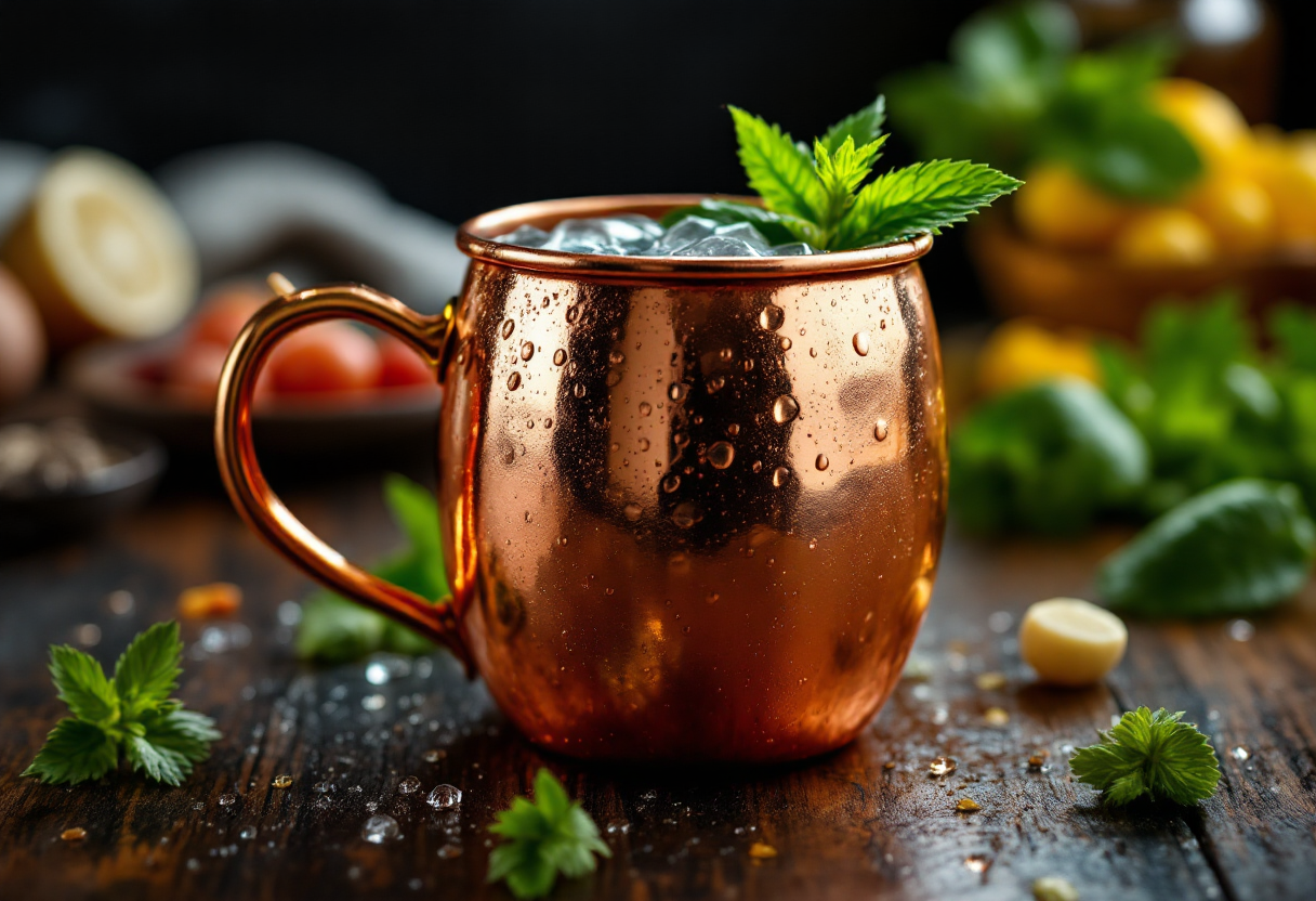 Cocktail Moscow Mule servito in una tazza di rame