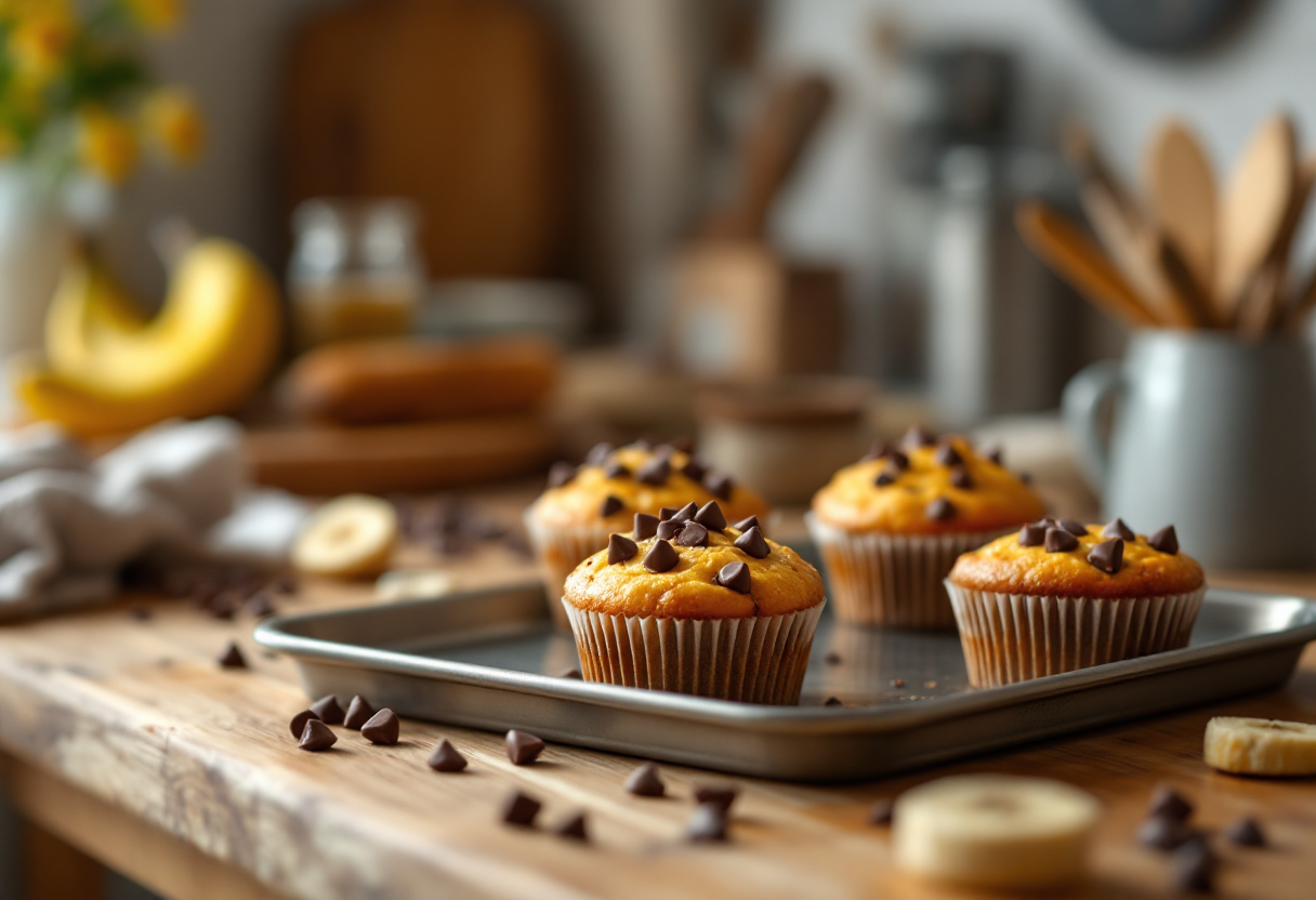 Muffin soffici alla banana con gocce di cioccolato