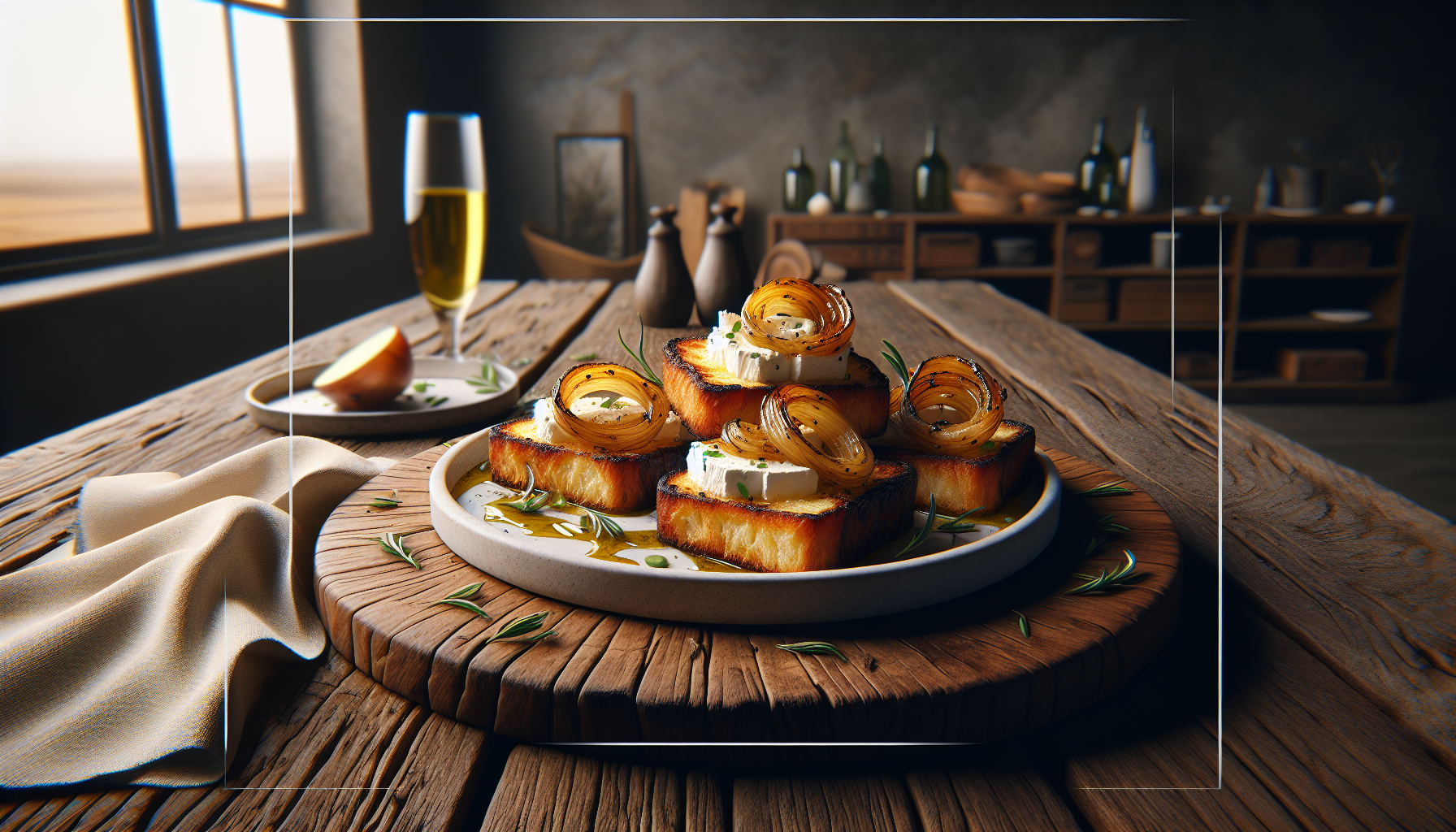 Antipasto di pain perdu salato con noci e cipolle caramellate