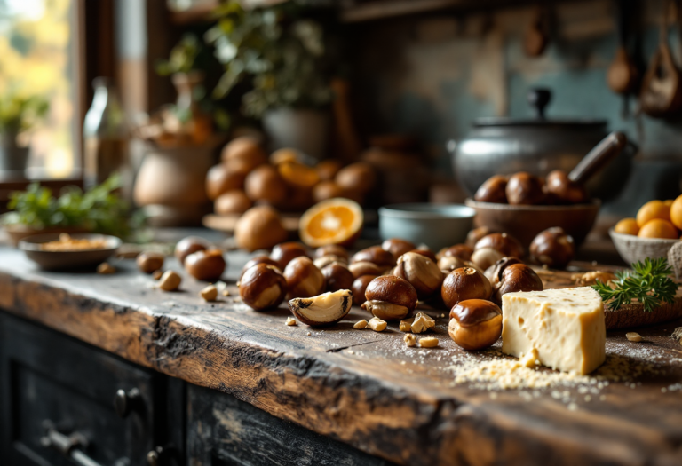 Pasta con funghi, castagne e gorgonzola in un piatto