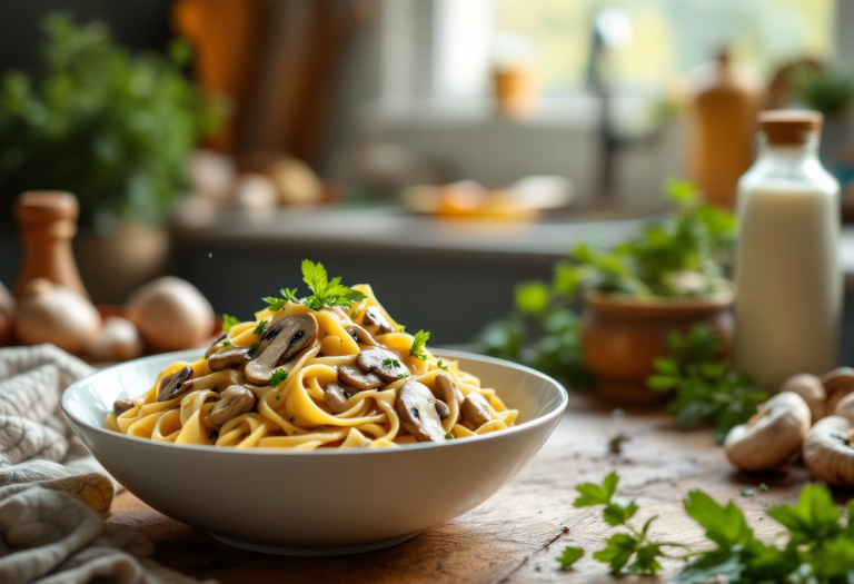 Pasta con crema di funghi e panna servita in un piatto