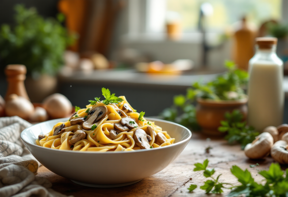 Pasta con crema di funghi e panna servita in un piatto