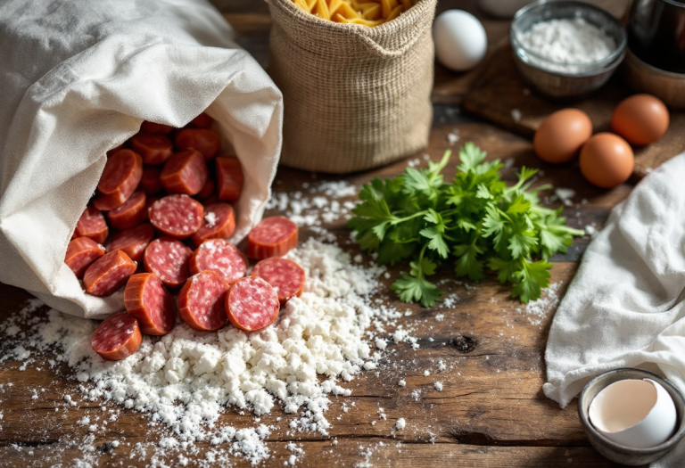 Pasta con salsiccia servita in un piatto colorato