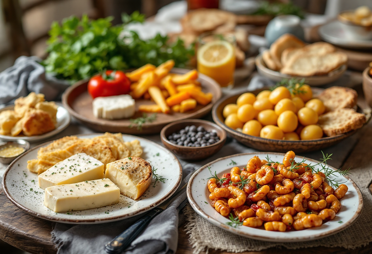 Un assortimento di piatti tipici sardi con ingredienti freschi