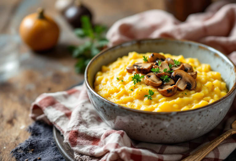 Piatto di polenta taragna con funghi trifolati