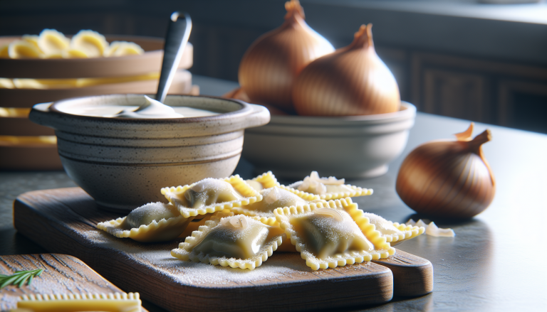 Ravioli gourmet con ripieno di zuppa di cipolle dorata