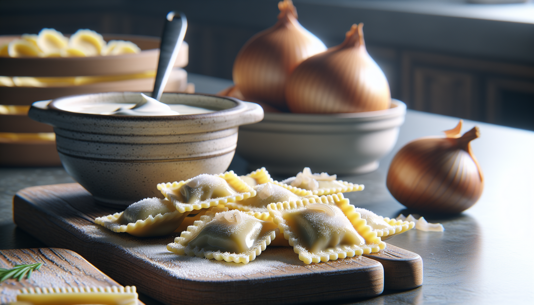 Ravioli gourmet con ripieno di zuppa di cipolle dorata