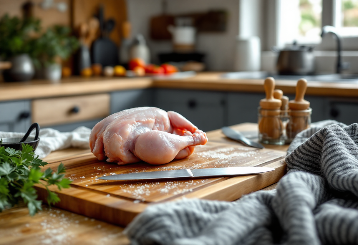 Pollo crudo su un tagliere con avvertenze sanitarie