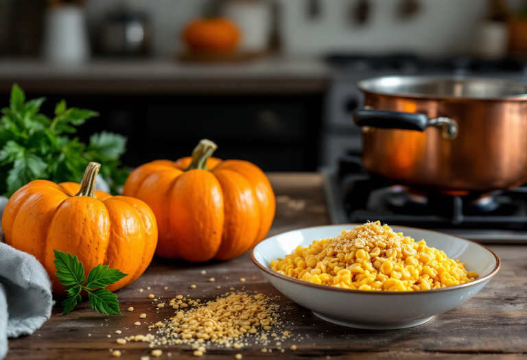 Risotto alla zucca con amaretti servito in un piatto