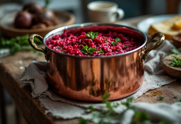 Risotto alle rape rosse servito in un piatto elegante