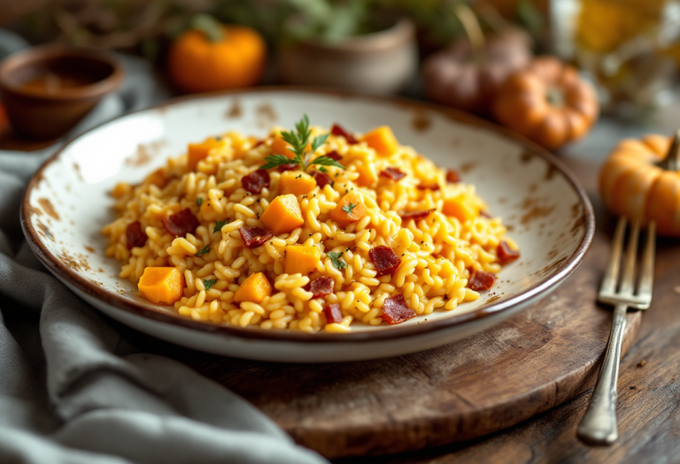 Risotto cremoso con zucca e speck in un piatto