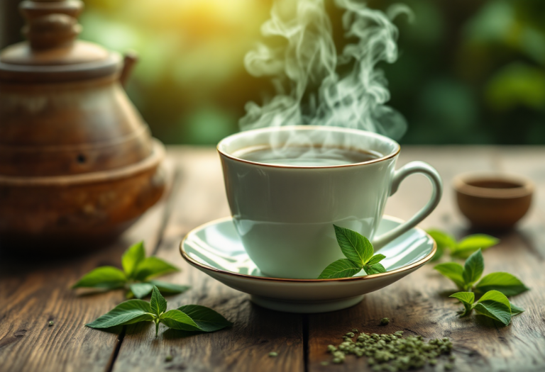 Tazza di tè verde con foglie fresche e limone