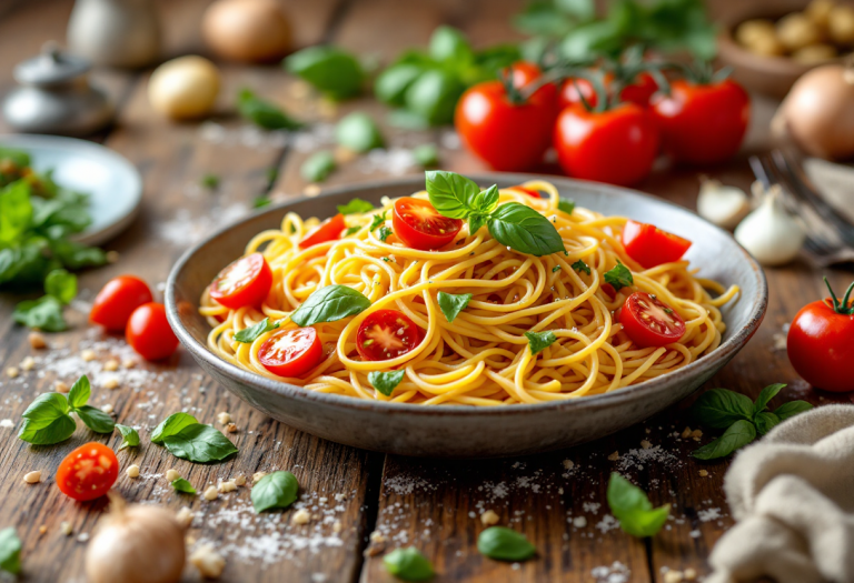 Spaghetti alla contadina siciliani con ingredienti freschi