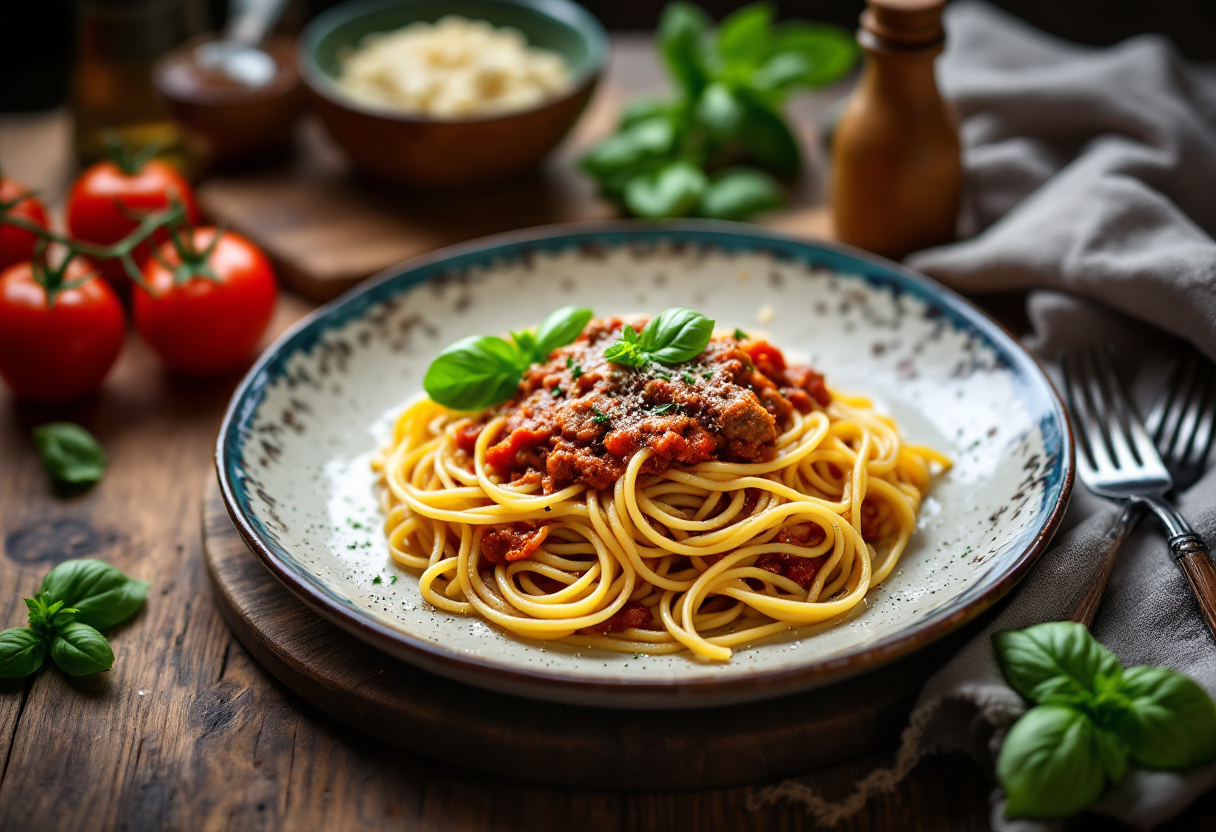 Piatto di spaghetti alla chitarra con ragù di carne succulento