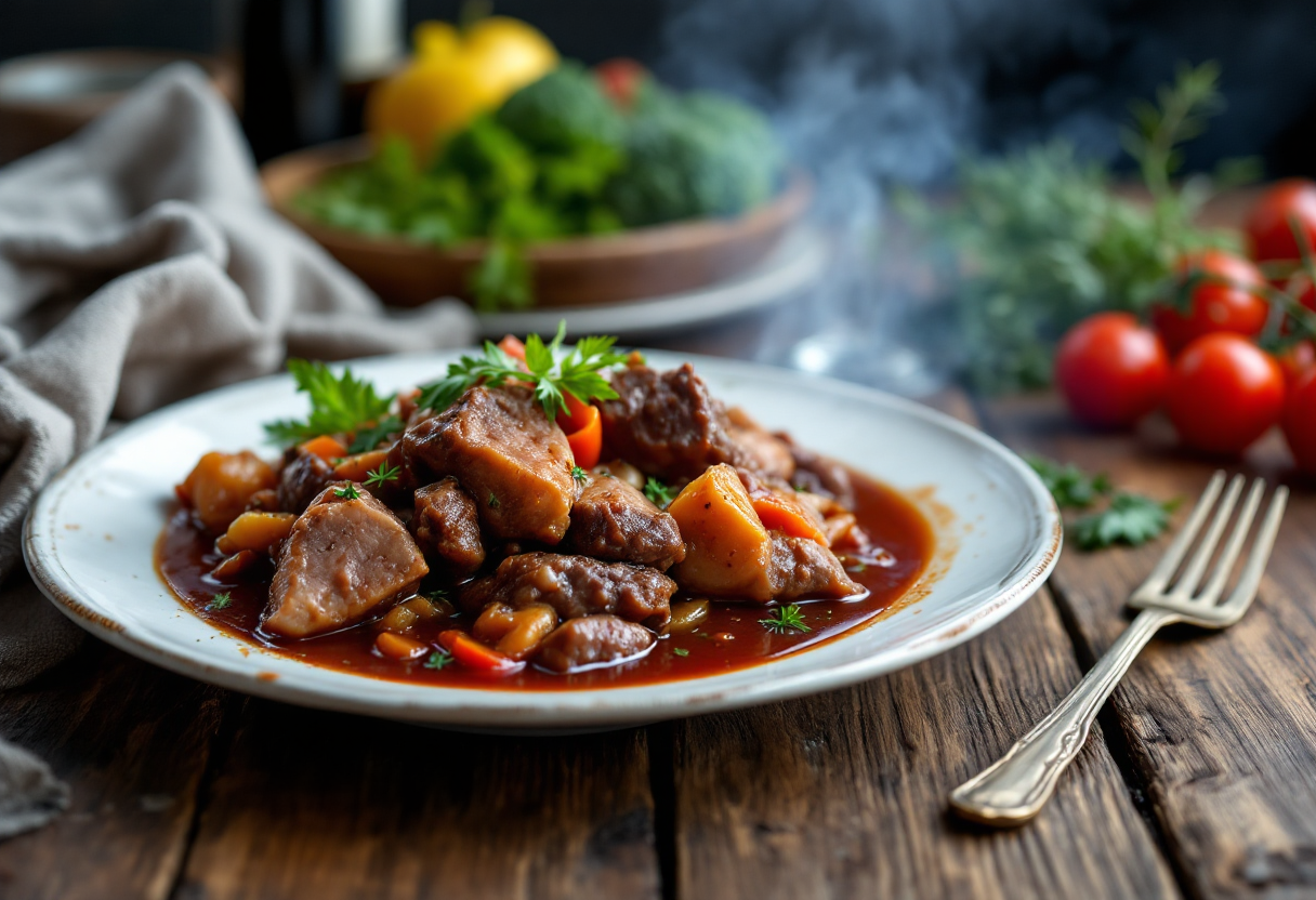 Delizioso spezzatino di cinghiale cucinato con vino rosso