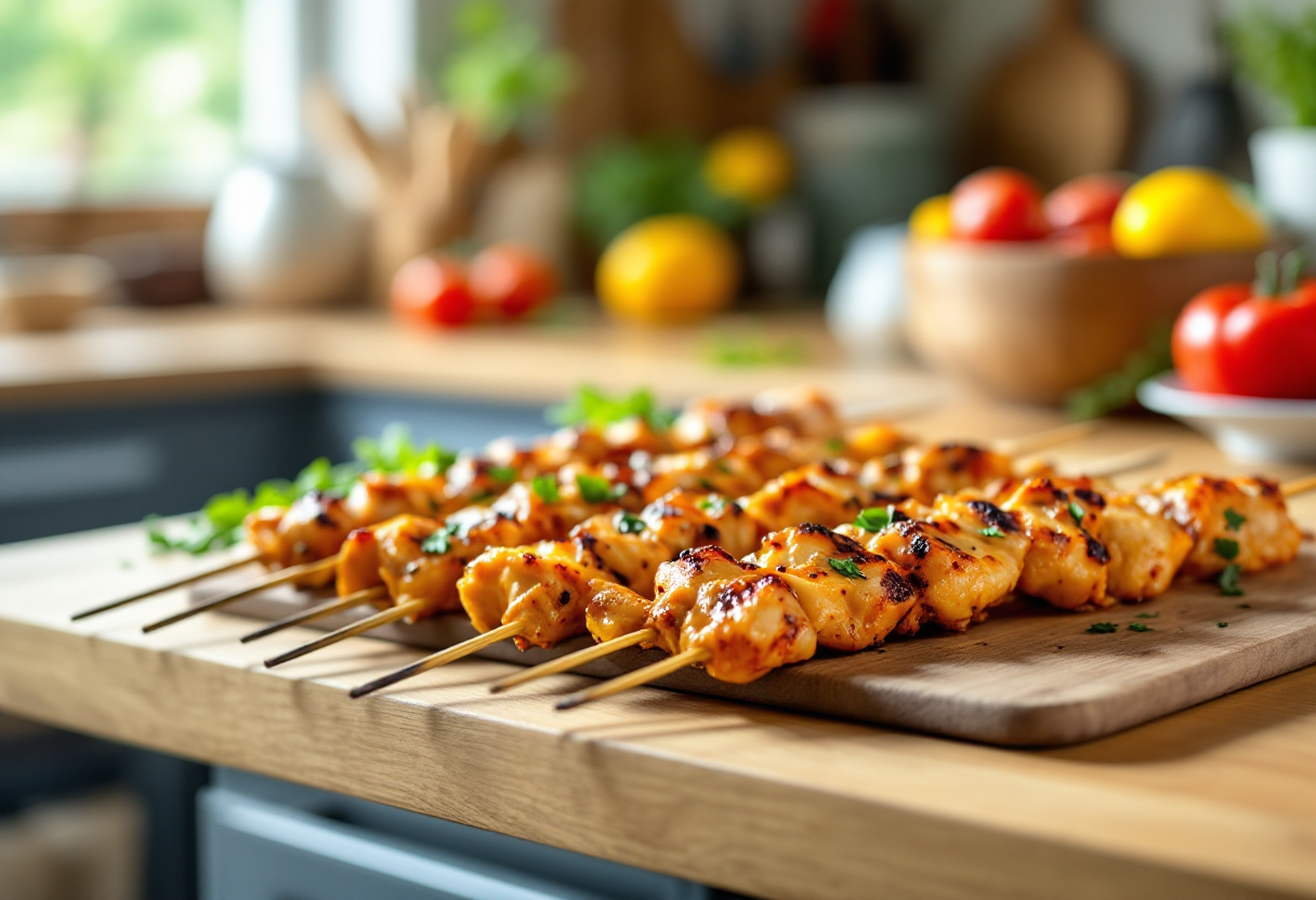 Spiedini di pollo cotti in padella con verdure