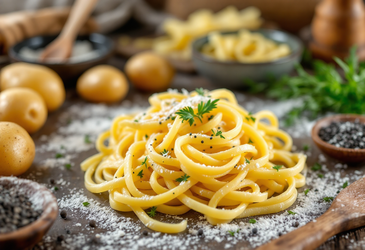 Spirali di patate cacio e pepe servite in un piatto