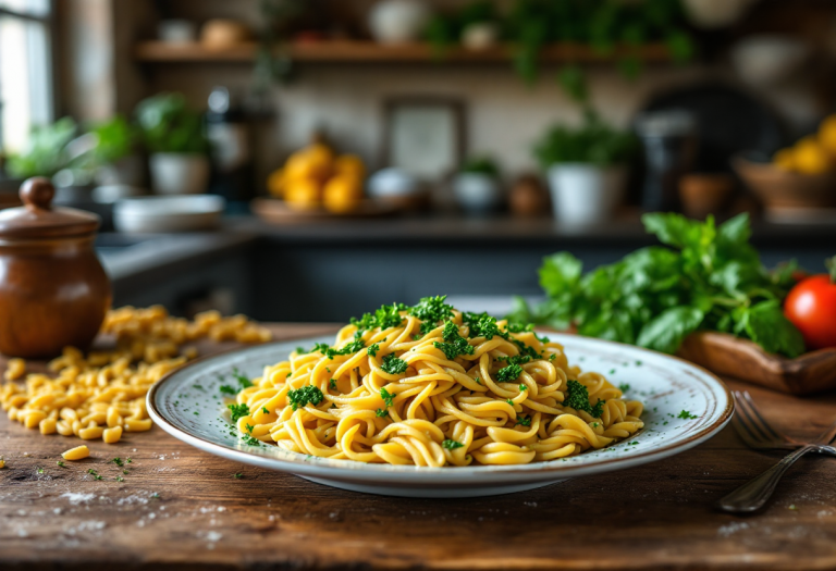 Testaroli serviti con pesto tipico della Lunigiana