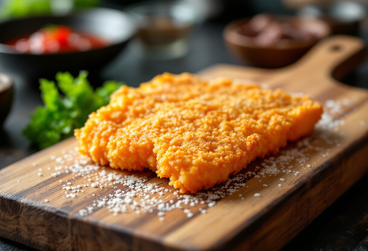 Tonkatsu croccante servito con salsa e contorni