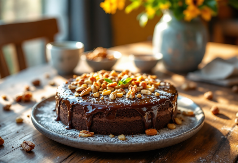 Torta al cioccolato con noci su un piatto decorativo