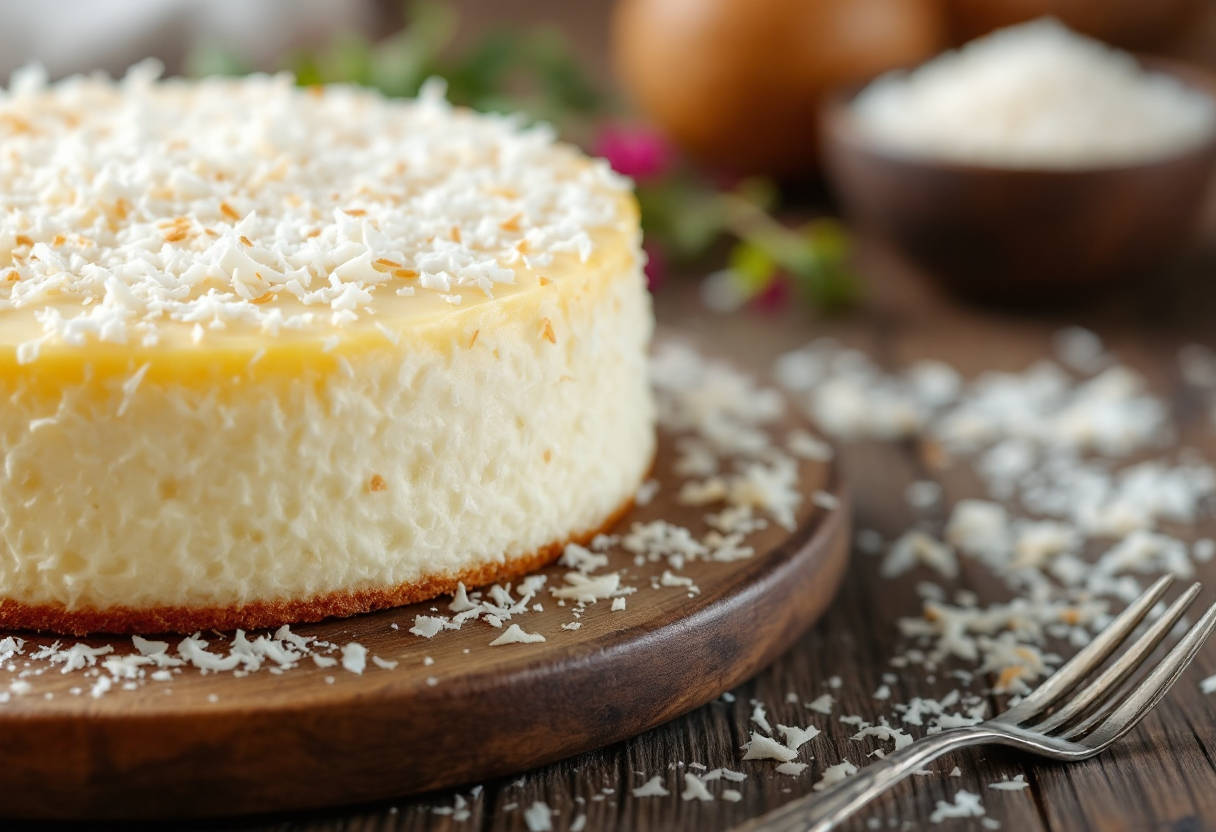 Fetta di torta al cocco morbida su piatto bianco